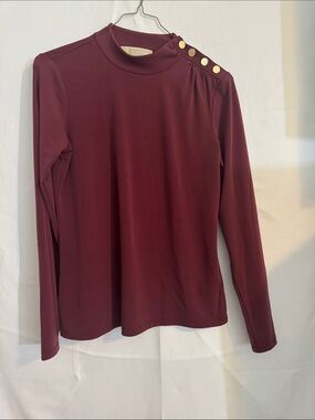 Michael Kors Burgundy Long-Sleeve Mock Neck Top with Gold Shoulder Buttons